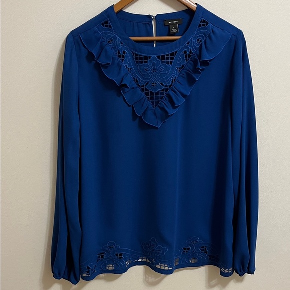 Halogen Cobalt Blue Ruffle Cutout Eyelet Long-Sleeve Detail Blouse Top Size XL - Picture 2 of 10